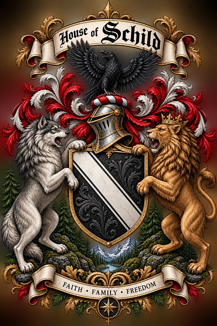 Decorative &ldquo;House of Schild&rdquo; crest artwork: a wolf and a lion flanking a black-and-silver shield, a raven above a knight&rsquo;s helm, and a banner reading Faith, Family, Freedom