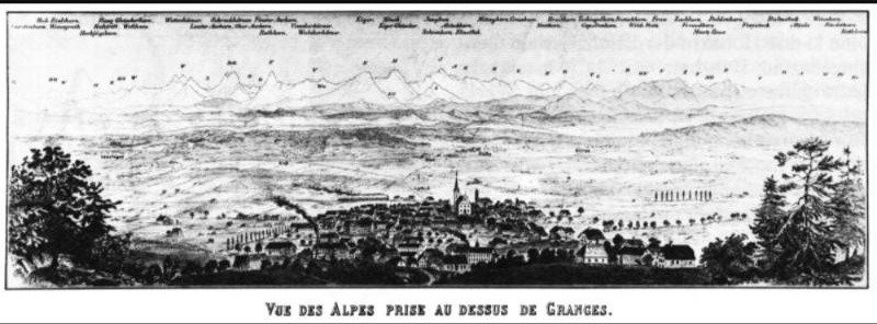 A wide black and white nineteenth century print of Grenchen, Switzerland, seen from above with the Alps in the distance and a cluster of small factory buildings with tall chimneys among the houses.