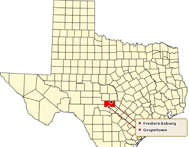 Map of Texas with Gillespie County highlighted in red; Fredericksburg and Grapetown are marked within the county, a few miles apart.