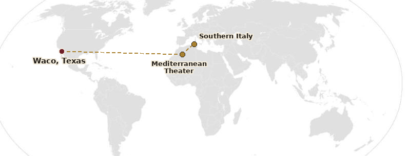 World map showing Waco, Texas connected by a dashed line to the Mediterranean Theater and Southern Italy, illustrating the 376th Heavy Bombardment Group's general area of operations &mdash; not August Schild's specific personal travel route.